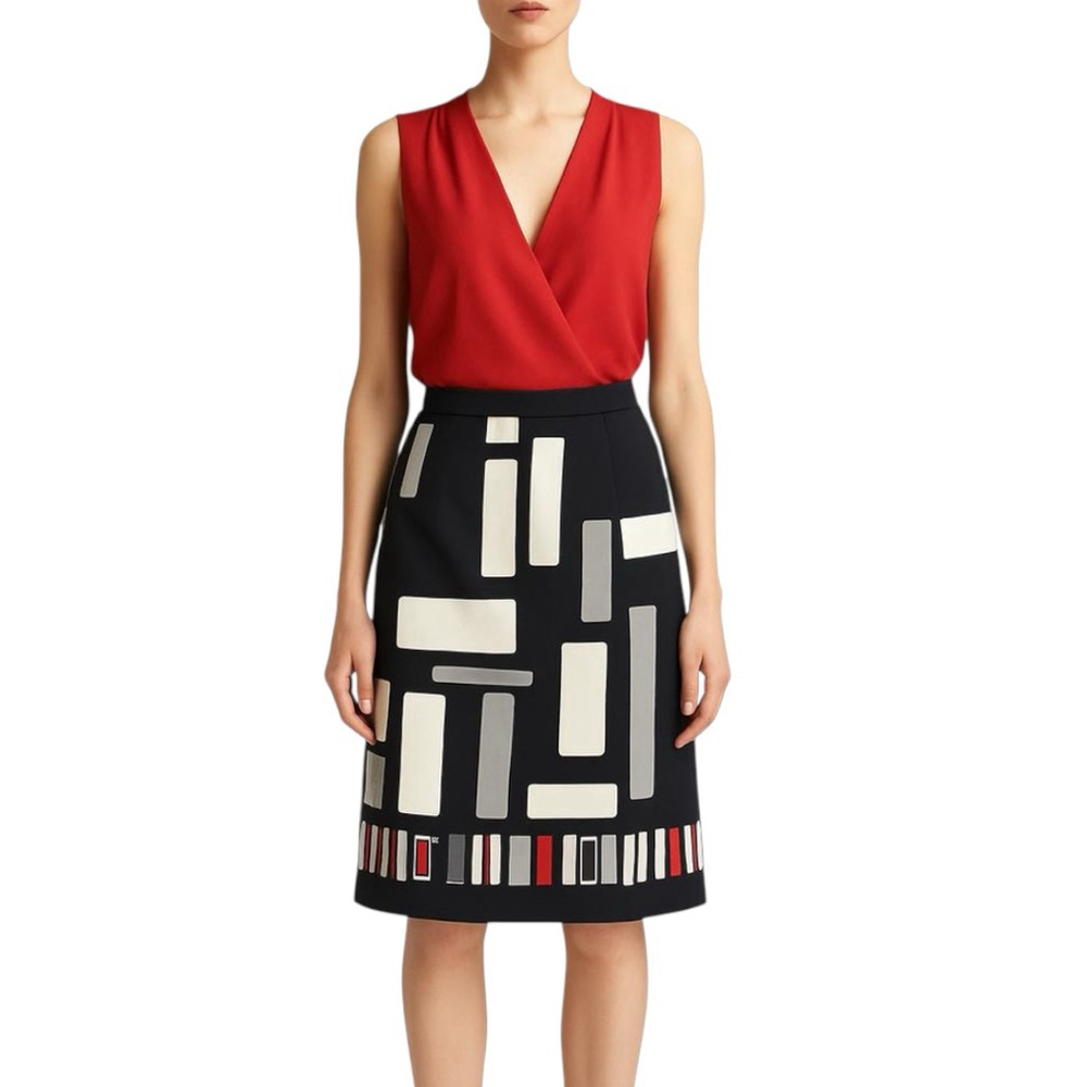 MaxMara Geometric Cotton Stretch Skirt, 10, Black Cream Red